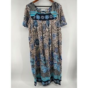 Loungees House Dress Womens 1X Blue Leopard Floral Lounger Cotton Boho Muumuu